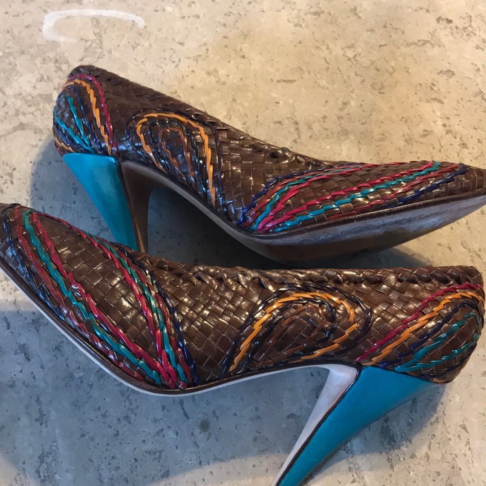 Claudio Marazzi custom leather basket weave embroidered shoes heals pumps